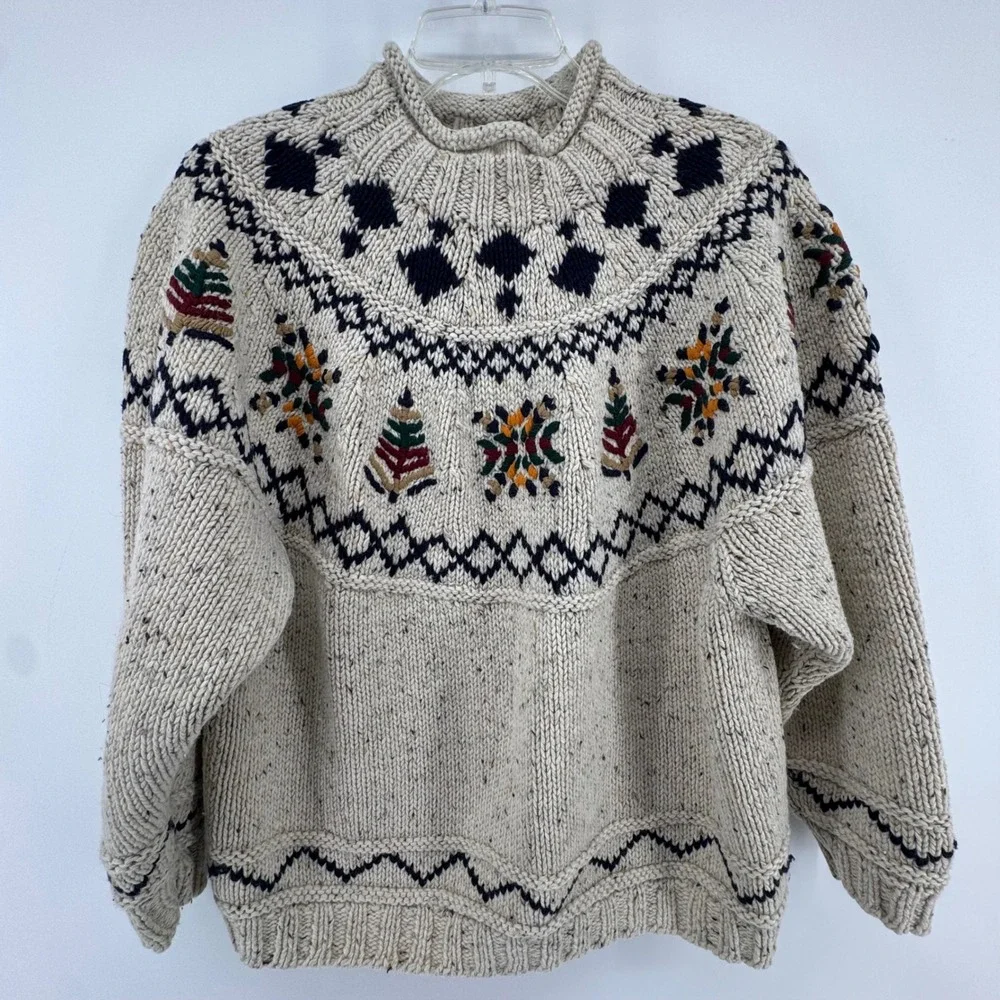 Vintage Outback Red Sweater Womens M Cream Fair Isle Wool Blend Mock Neck Chunky - Picture 2 of 9